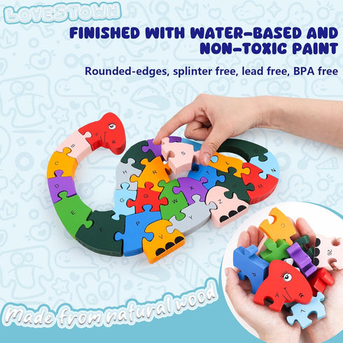 LovesTown Animal Wooden Puzzle, Alphabet Jigsaw Puzzle Alphabet Building Blocks Wooden Dinosaur Letters Numbers Block Toys for Kids Toys Preschool...