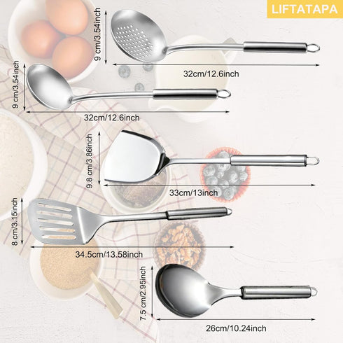 5Pcs Cooking Utensils Set, Stainless Steel Kitchen Utensils, Heat Resistant Wok Utensils Set Include Slotted Spoon, Slotted Spatula, Large Spoon, ...