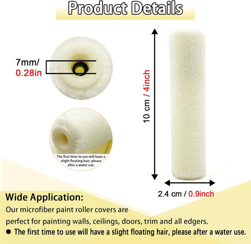 10 Pieces Paint Roller Cover, 4 inch Wool Blend Roller Covers, Washable Covers for Roller Frame, 0.2” Short Nap, Mini Paint Rollers for Painting W...