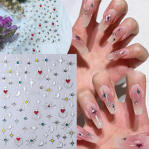 6Sheets Moon Star Nail Art Stickers Gold Silver Nail Decals for Nail Art Design Charms 3D Glitter Crystal Diamond Nail Stickers Self-Adhesive Pega...
