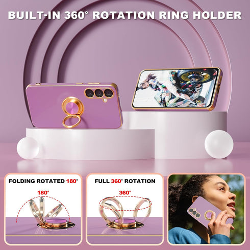 for Samsung Galaxy S23 FE Case,+Screen Protector,with Magnetic Kickstand,Built-in 360° Rotation Ring Holder,Plating Gold Edge Slim Soft TPU Shockp...