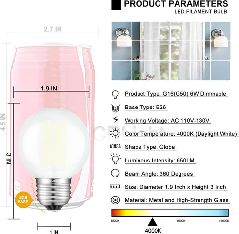 CRLight 6W Edison LED Globe Bulb 4000K Daylight White, 65W Equivalent 650 Lumen Dimmable, E26 Base Vintage Style G16 Globe Frosted Glass Ceiling F...