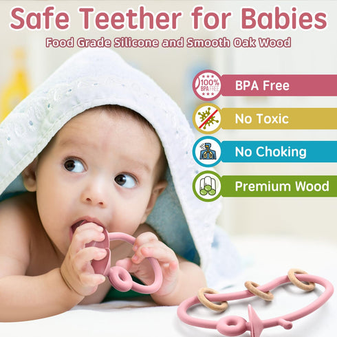 Baby Sensory Teething Chew High Chair Suction Toys for Infant Toddlers 6 12 18 24 Months, Food Grade Silicone Teether with Oak Loop Montessori Edu...