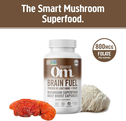 OM Mushroom Superfood Brain Fuel Mushroom Powder Capsules Superfood Supplement, 90 Count, 30 Days, Lion's Mane, Reishi Blend plus Folate, Mental C...