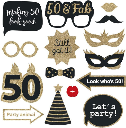 Fully Assembled 50th Birthday Photo Booth Props - Set of 30 - Black & Gold Selfie Signs - 50th Party Supplies & Decorations - Cute Bday Designs wi...