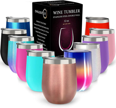 CHILLOUT LIFE 12 oz Stainless Steel Tumbler with Lid & Gift Box | Wine Tumbler Double Wall Vacuum Insulated Travel Tumbler Cup for Coffee, Wine, C...