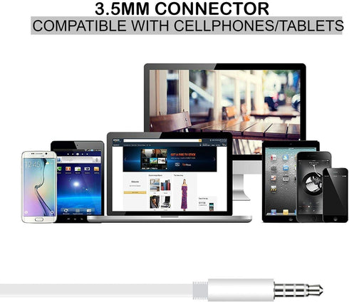 3.5mm White Headset with Microphone, Volume Control, and Call Answer End Button for AUX, PCs, Tablets, and Cell Phones in The Office, Classroom or...