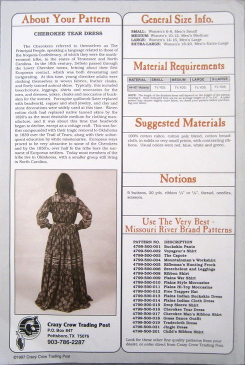 Missouri River Sewing Patterns, CHEROKEE TEAR DRESS, Pattern No. 4799-500-016....