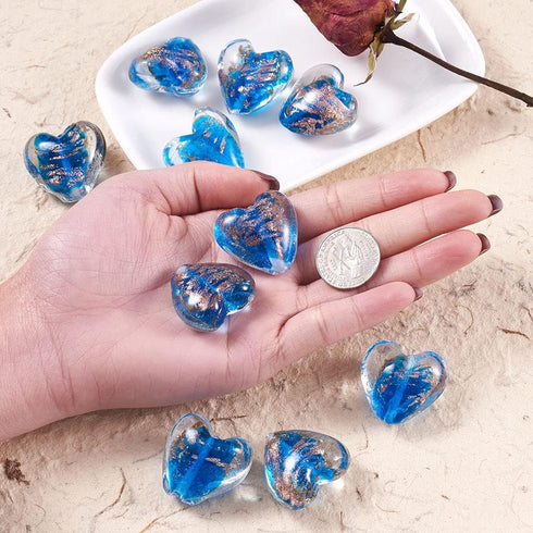 Cheriswelry 10pcs Blue Heart Handmade Goldsans Lampwork Glass Beads Crystal Love Heart Mini Loose Spacer Beads Charms 28x28mm 2mm Hole for DIY Ear...