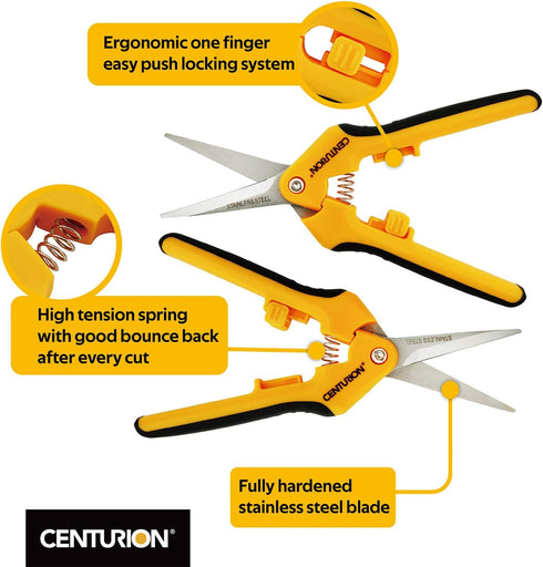Centurion 201 Hand Pruner Pruning Shear Straight & Upward Curved Stainless Steel Blade Precision Snip (Yellow, 6.5 Inch, Set of 2)...