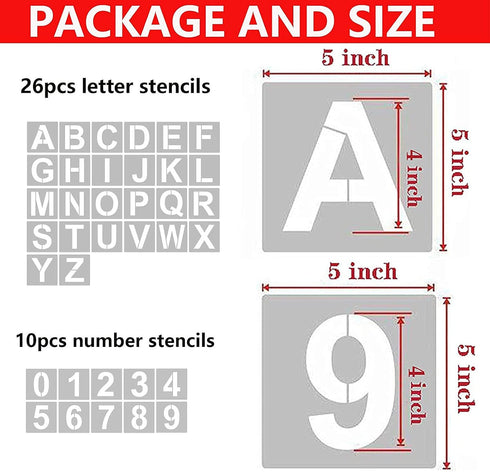5 Inch Letter Stencils and Numbers, 36 Pcs Alphabet Art Craft Stencils, Reusable Plastic Art Craft Stencils for Wood, Wall, Fabric, Rock, Signage...
