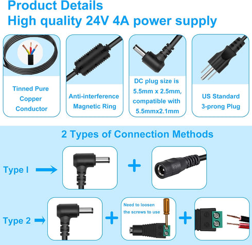 HOUHUI 24V 4A Power Supply Adapter, AC 100-240V to DC 24 Volt 4 Amp 96W Suit 3A 2A 1A Device Transformer AC/DC Power Adapter Converter with 5.5x2....