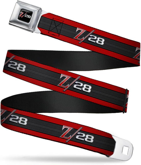 Buckle-Down Seatbelt Belt - 1969 Camaro Z/28 Emblem/Stripe Red/Black/Gray/Silver - 1.5" Wide - 24-38 Inches in Length...