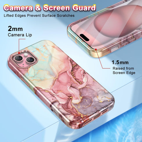Btscase for iPhone 15 Plus Case 6.7 inch (2023), Marble Pattern 3 in 1 Heavy Duty Full Body Shockproof Hard PC+Soft Silicone Drop Protective Women...