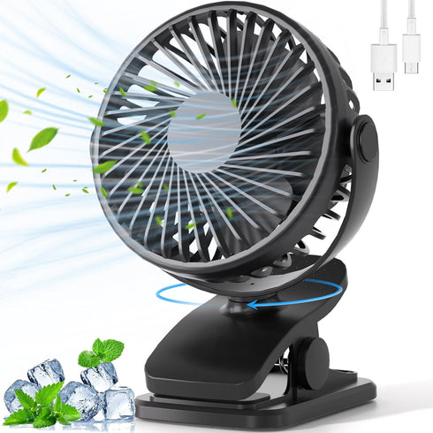 Portable Clip on Fan, 360° Rotate Battery Operated Stroller Fan, 3 Speed Quiet Mini Personal Desk Fan, USB Rechargeable Clooing Fan for Outdoor Ca...