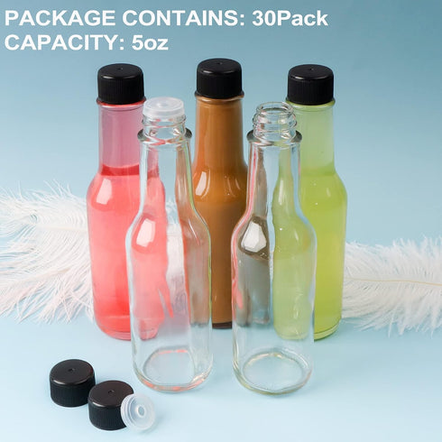 30 Pack Hot Sauce Bottles, 5oz Clear Woozy Bottles with Leak Proof Black Screw Caps and Snap On Dripper Inserts, Empty Beverage Bottles with Label...