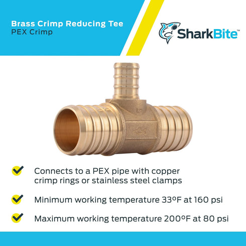 SharkBite 1 Inch x 1 Inch x 1/2 Inch Crimp Reducing Tee, Brass Plumbing Fitting, PEX Pipe, PE-RT, UC415LFA...