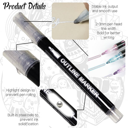 24 Colors Double Line Outline Pens, Outline Markers Self-outline Metallic Markers, Shimmer Marker Set,Glitter Markers Pen Set for Kid Adults Drawi...