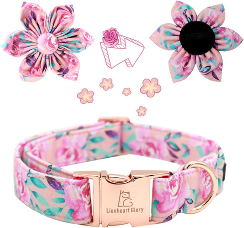 Lionheart Glory Dog Collar, Pink Dog Collar with Flower, Cute Floral Pattern Pet Collar Adjustable Dog Collar for X-Large Dogs...