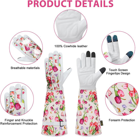 Gardening Gloves for Women, Rose Gloves Gardening Thorn Proof, Long Garden Gloves for Women, Breathable Cowhide Leather Gauntlet (Large, White)...