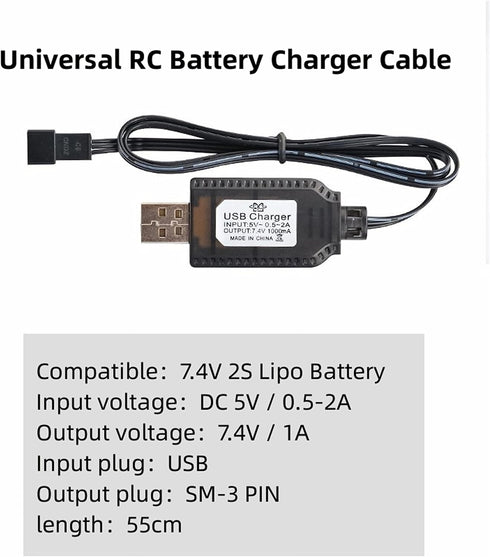 Smart Universal RC Charger Cable with SM-3P Connector Plug for 7.4V 2S Lipo Battery, Compatible RC Car/RC Boat/RC Plane/RC Drone/RC Tank/RC Helico...