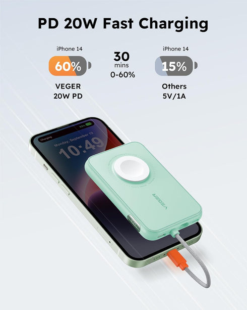 VEGER Portable Charger for iPhone with Built in Cable, 5000mAh Mini Power Bank Battery Pack, PD 20W Fast Charger Travel Essential Compatible with ...