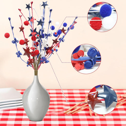 Zerzsy 2pcs Patriotic Berry Picks, Artificial Berry Stems 18" Red Blue Star Floral Picks for Floor Vase Decor, Faux Fur Ball Branches for Home Dec...