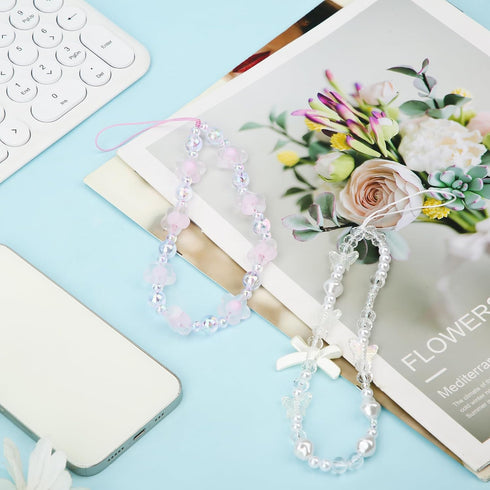 2pcs Beaded Phone Bracelet Strap, Crystal Butterfly Flower Pearl Phone Beaded Wrist Strap Phone Bracelet Lanyard for Women Phone Keychain Charm (W...