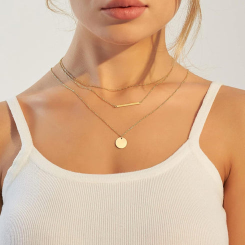 Harlorki Dainty Simple 14K Gold Plated Layered Paperclip Chain Choker Bar Round Disk Pendant Necklace Fashion Jewelry Gift for Women Lady...