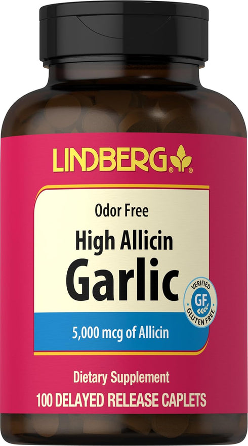 Lindberg High Allicin Garlic Supplement 5000mg | 100 Caplets | Odorless Garlic | Non-GMO, Gluten Free...