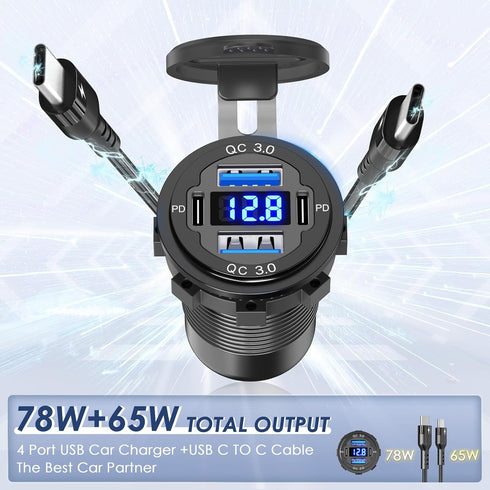 ?Upgraded Version? 78W 12V USB Outlet Qidoe 4 Port Dual 30W PD & Dual Quick Charge 3.0 Aluminum USB 12V Charger Socket with Voltmeter USB C to USB...