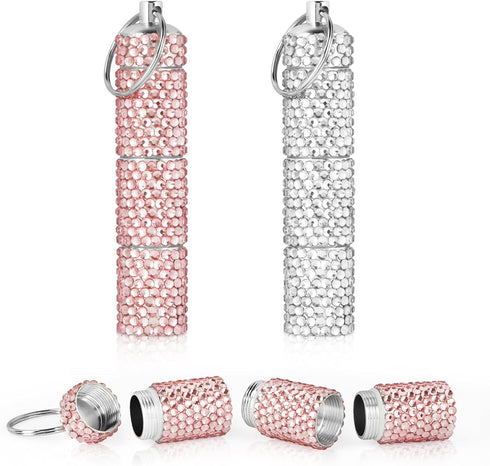 2 Pcs Bling Rhinestone Portable Pill Box, 3 Compartment Keychain Aluminium Alloy Small Travel Pill Organizer Case Container, Reusable Waterproof P...