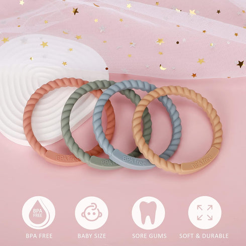 Socub Silicone Baby Teether Toy, 4 Pack BPA Free Soft Silicone Teether Bracelets for 3+Month babies, Wearable as Bracelets, Baby Chew Toy (Sand/Li...