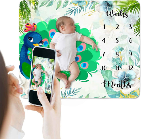 Peacock Baby Monthly Milestone Blanket, 48x40in Soft Flannel, Summer Flowers Colorful Feathers, Newborn Mom Gifts, Baby Shower Age Growth Tracker ...