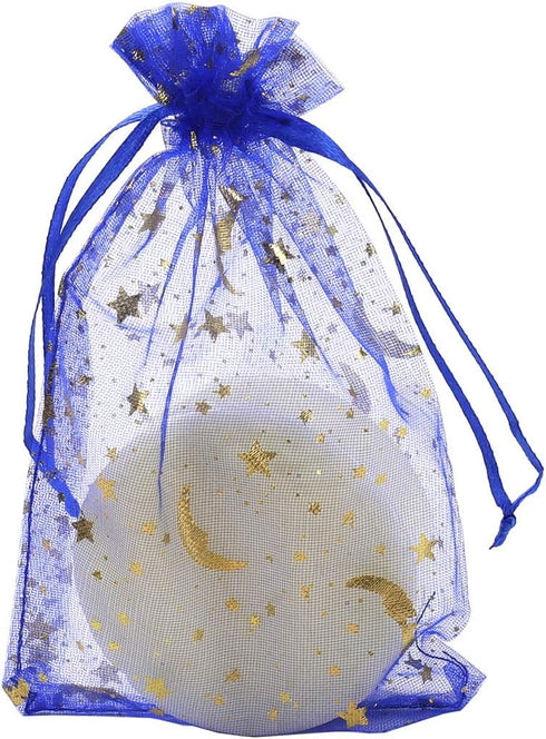 100Pcs 4x6 Inches Sheer Organza Drawstring Pouches Stars and Moon Wedding Party Favor Jewelry Candy Gift Bags (Blue)...