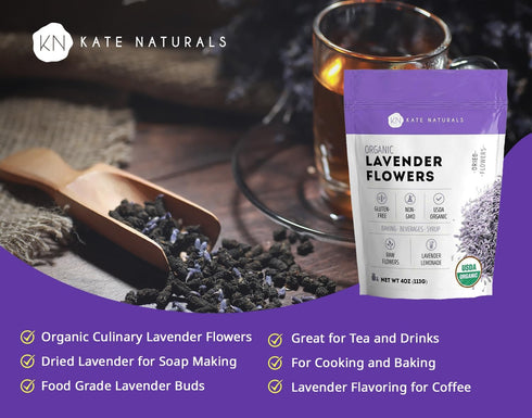 Kate Naturals Dried Lavender Flowers for Tea, Syrup, Lemonade, Soap Making. Edible Culinary Grade Buds (4oz, Organic, Food Grade)...
