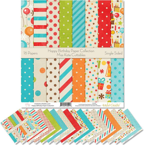 Miss Kate Cuttables Pattern Paper Pack - Happy Birthday - Scrapbook Premium Specialty Paper Single-Sided 12"x12" Collection Includes 16 Sheets...