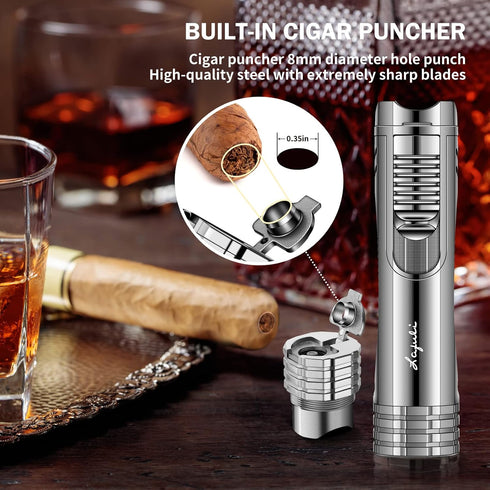 Cigar Lighter, Cigar Punch, Cigar Draw Enhancer, Cigar Holder,All-in-one Refillable Butane Torch Lighter. Cigar Accessories(Gas Not Included)...