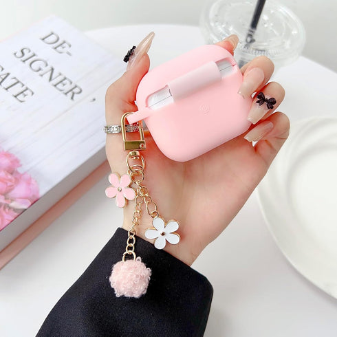 Cute Pink Case for Airpods 3rd Generation Cover for girl Women with Pom pom Flower Keychain & Cleaner Kit, Soft Silicone Airpods iPod 3rd Gen Prot...