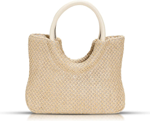 Tote Bag for Women, Straw Beach Bag, Round Leather Handbag, Bohemian Hand-Woven, Summer Bag Suitable for Beach, Travel, Daily Matching (White)...