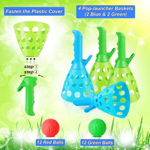 Duckura Outdoor Indoor Game Activities for Kids, Pop-Pass-Catch Ball Game with 4 Catch Launcher Baskets and 24 Balls, Birthday Party Favors Gifts ...