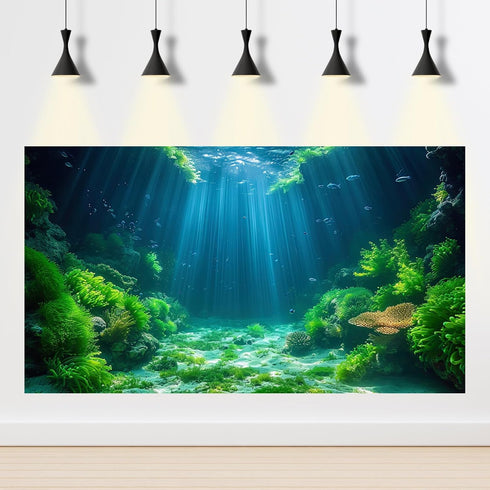 Aquarium Background Undersea Soft Algae Coral Reef Terrarium Background Sunlight Rays on Seabed Sandy Backdrop Underwater Plants Moss Fish Tank Ba...