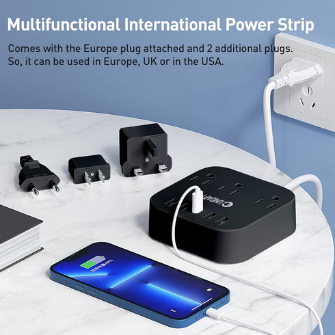 European Plug Adapter, Unidapt US to UK Europe Power Strip for EU/UK/US with USB C and 4 USB Ports, 3 AC Outlets, Wall Mountable, 5ft Extension Co...
