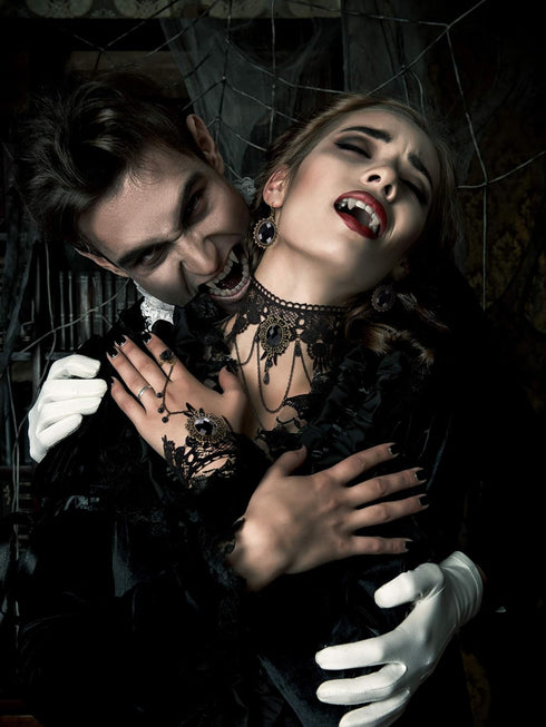 WILLBOND Halloween Gothic Costume Choker Set Vampire Lace Choker Necklace Retro Face Cover, Bracelet, Earrings and Vampire Teeth Fangs for Hallowe...