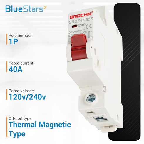 BlueStars 40 Amp DC Miniature Circuit Breaker, 120V/240V DC 1 Pole DIN Rail Mount for Battery & Solar Panels PV System, Thermal Magnetic Trip, Sin...