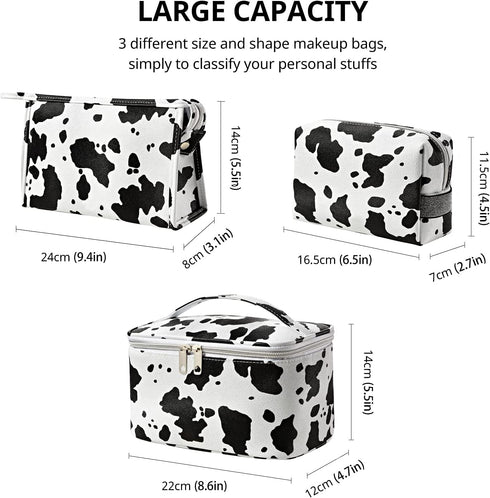 Makeup Bag Set Cosmetic Bag 3 Pieces Small Makeup Bags for Women with Cow Animal Milk Mini Cute style Travel Pouch Bags...