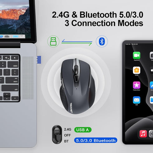 TECKNET Wireless Mouse (2.4G & BT5.0/3.0) Silent Mouse 4800 DPI Computer Mouse 6 Buttons Bluetooth Mouse, USB A Mouse Wide Compatibility - Grey...