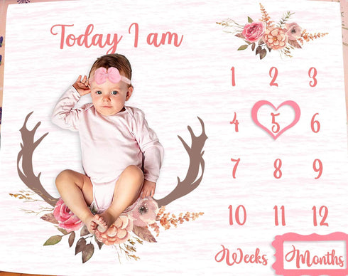 Monthly Milestone Blanket for Baby Girl, Deer Antler Flowers with Words Pink Baby Growth Chart Monthly Blanket | includes Markers 47"x47" BTLSPH68...