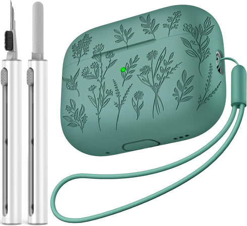 Flower Engraved Case for Airpods Pro 2 Case, Soft Silicone Skin Cover Protective Cases with Cleaner kit and Lanyard Compatible for AirPod Pro 2nd ...