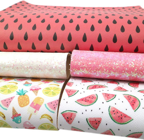 Summer Fruits Faux Leather Sheet Glitter Synthetic Leather Fabric Assorted 5 Pcs 7.7" x 12.9" (20 cm x 33 cm) for Hair Bows Headbands Making...